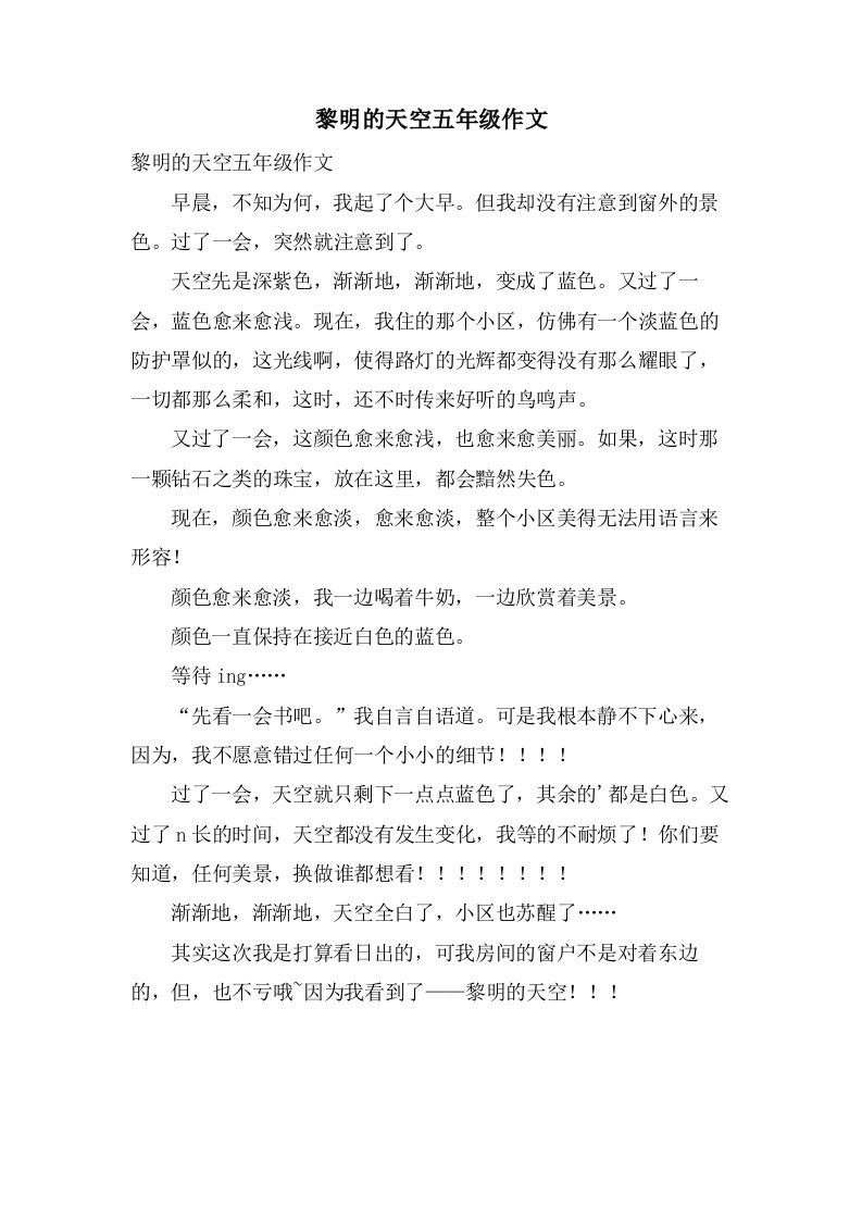 黎明的天空五年级作文