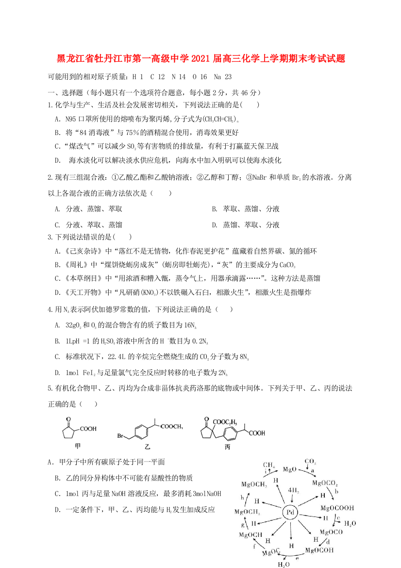 黑龙江省牡丹江市第一高级中学2021届高三化学上学期期末考试试题