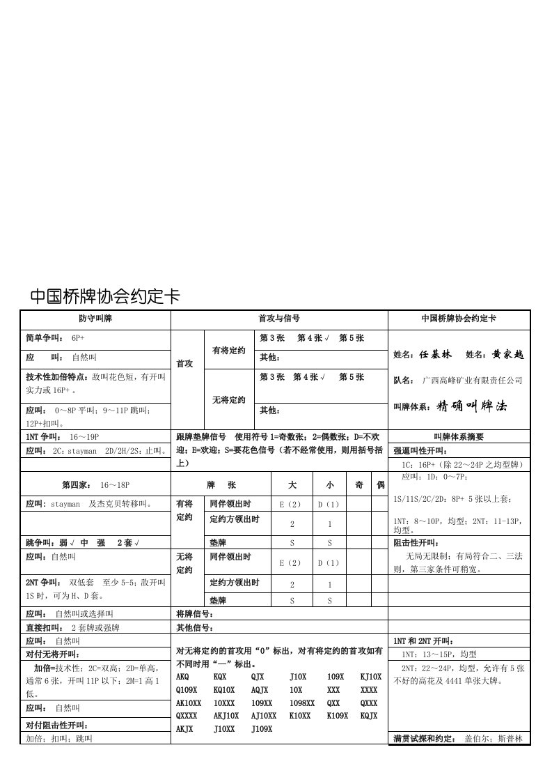 中国桥牌协会约定卡