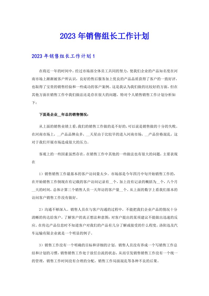 2023年销售组长工作计划