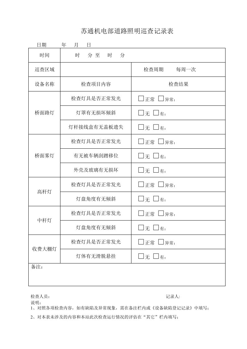 道路照明巡查记录表