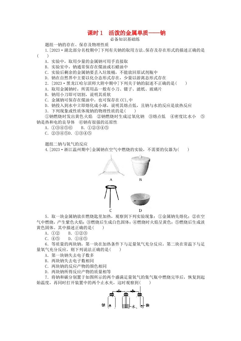 2024版新教材高中化学第二章海水中的重要元素__钠和氯第一节钠及其化合物课时1活泼的金属单质__钠课时作业新人教版必修第一册