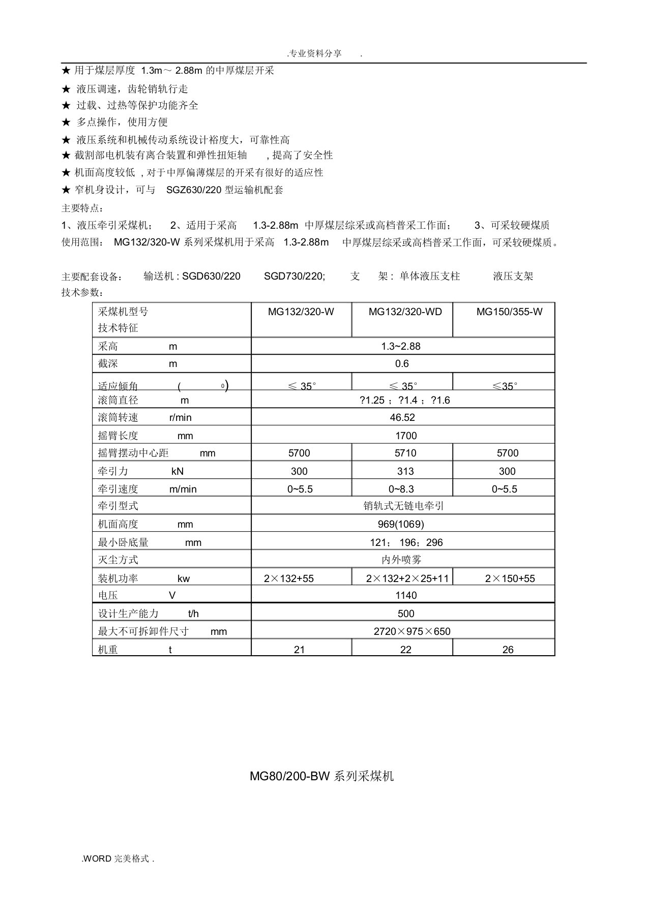 采煤机型号与主要参数