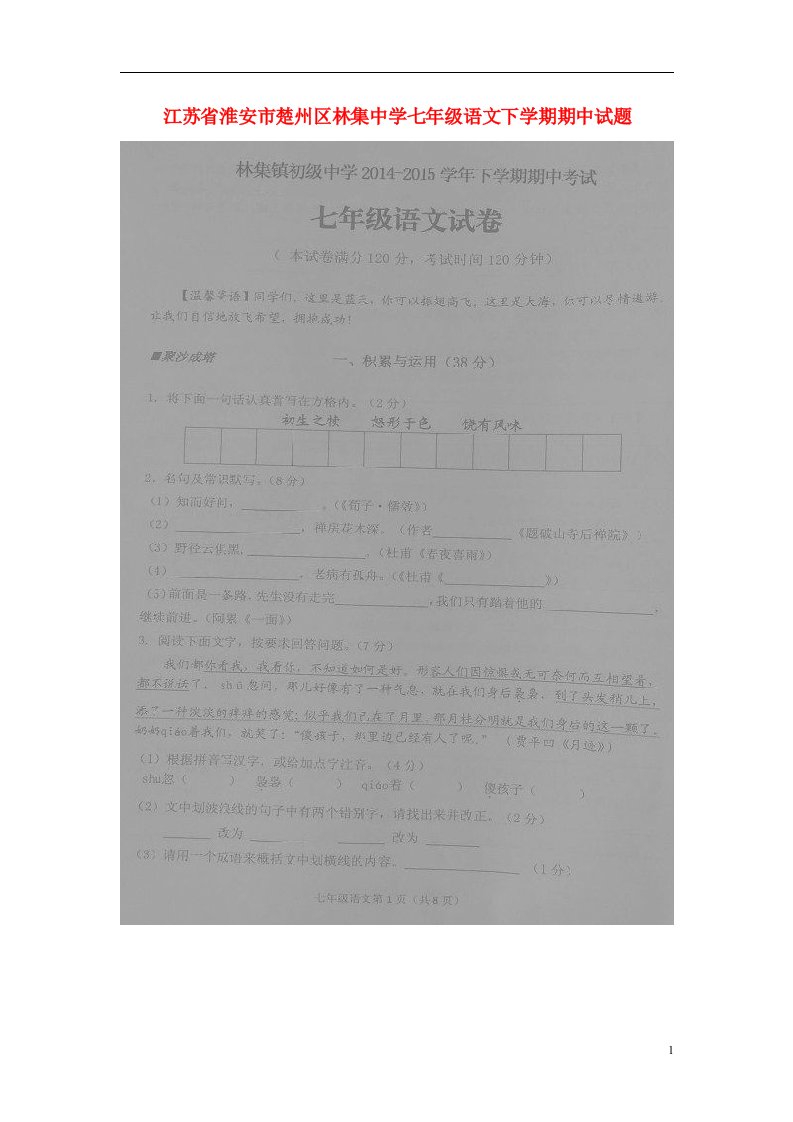 江苏省淮安市楚州区林集中学七级语文下学期期中试题（扫描版）