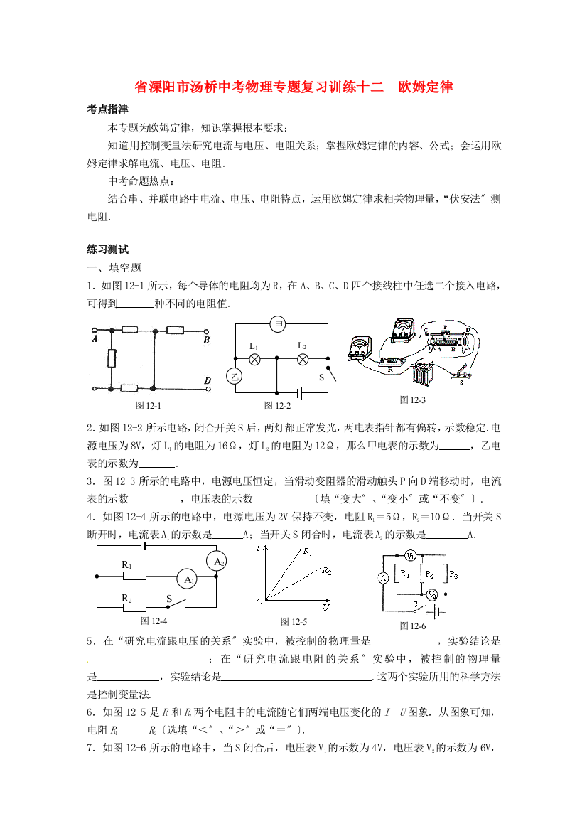 （整理版）溧阳市汤桥初级中考物理专题复习训练十二欧姆定律