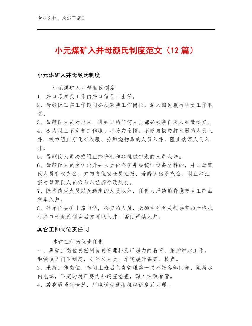 小元煤矿入井母颜氏制度范文（12篇）