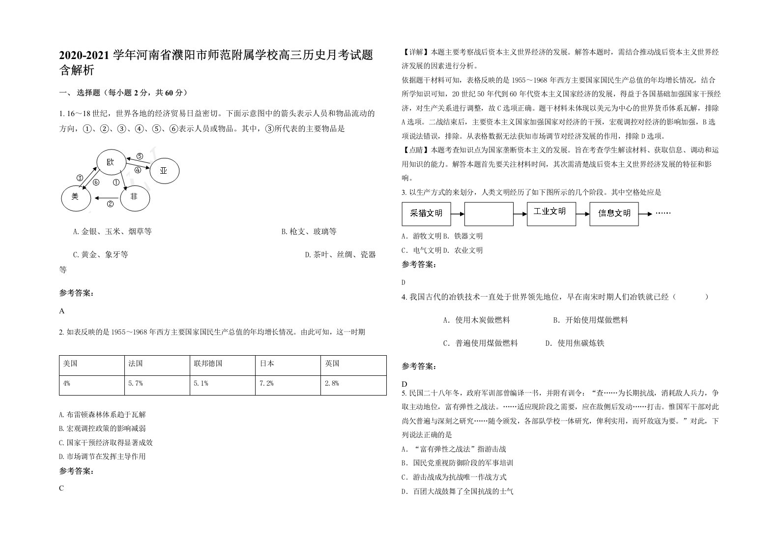 2020-2021学年河南省濮阳市师范附属学校高三历史月考试题含解析