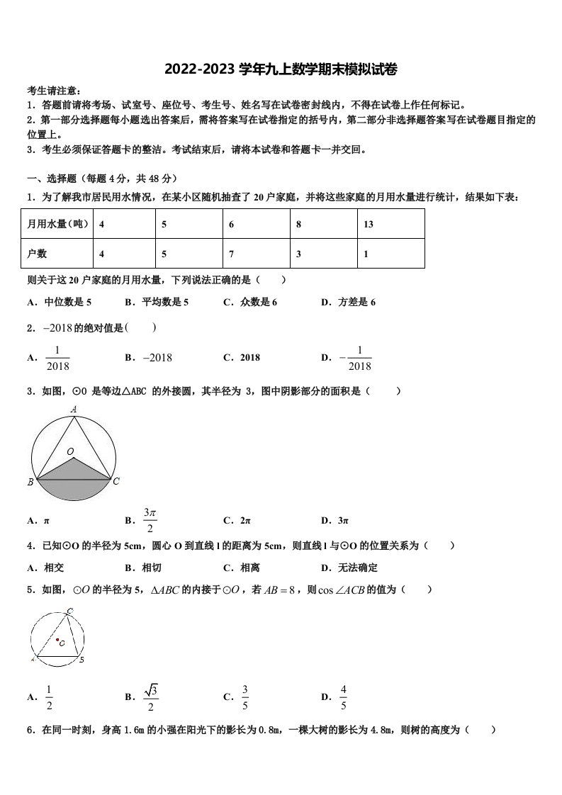 河南省洛阳洛宁县联考2022年九年级数学第一学期期末学业质量监测试题含解析