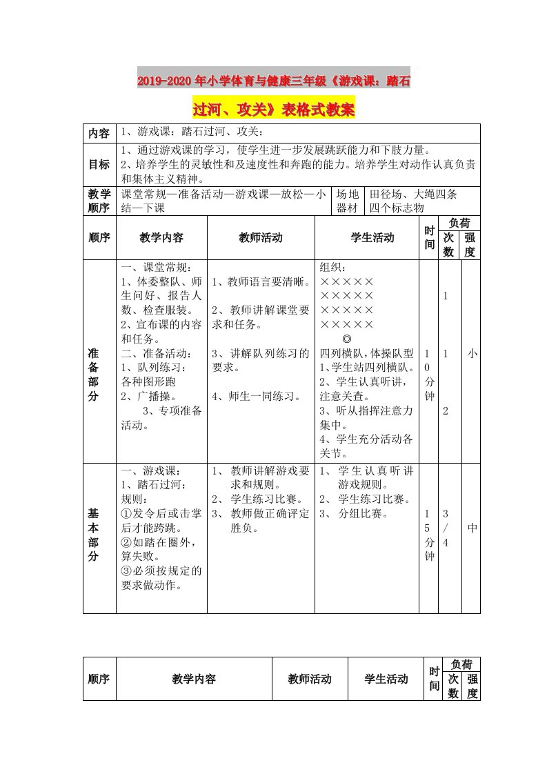 2019-2020年小学体育与健康三年级《游戏课：踏石过河、攻关》表格式教案