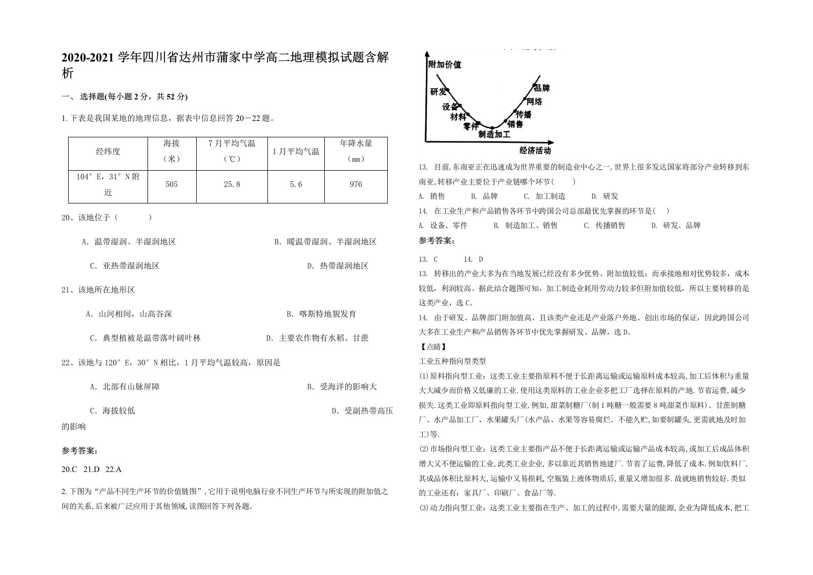 2020-2021学年四川省达州市蒲家中学高二地理模拟试题含解析