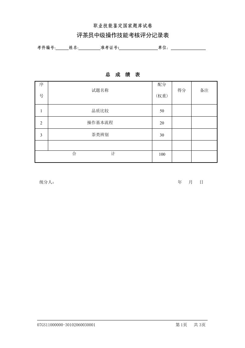 记录表评茶员中级