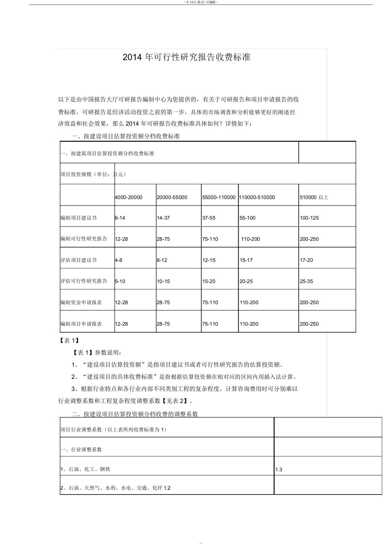 可行性研究报告收费标准