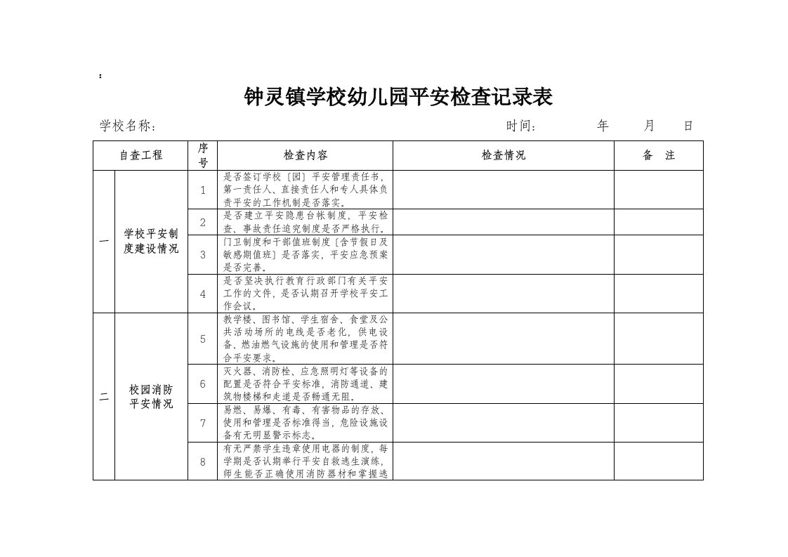 学校幼儿园安全检查记录表