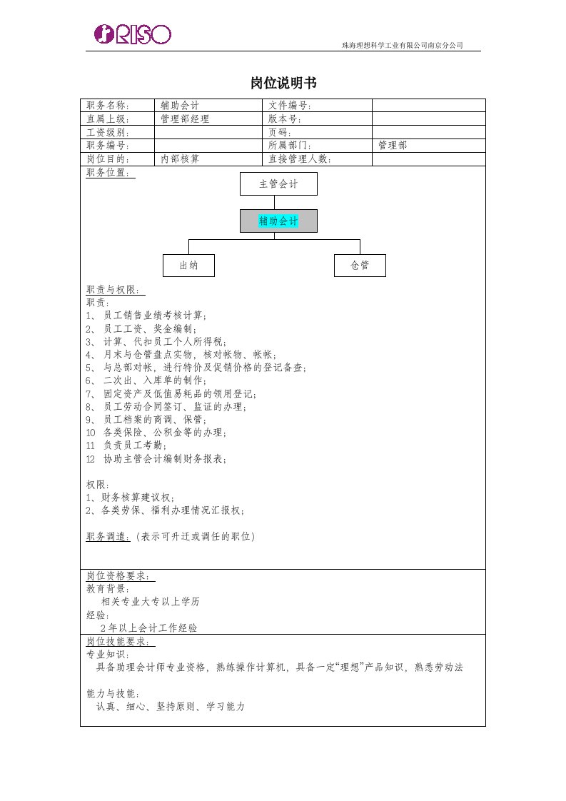 某公司辅助会计岗位说明书(doc)-财务制度表格