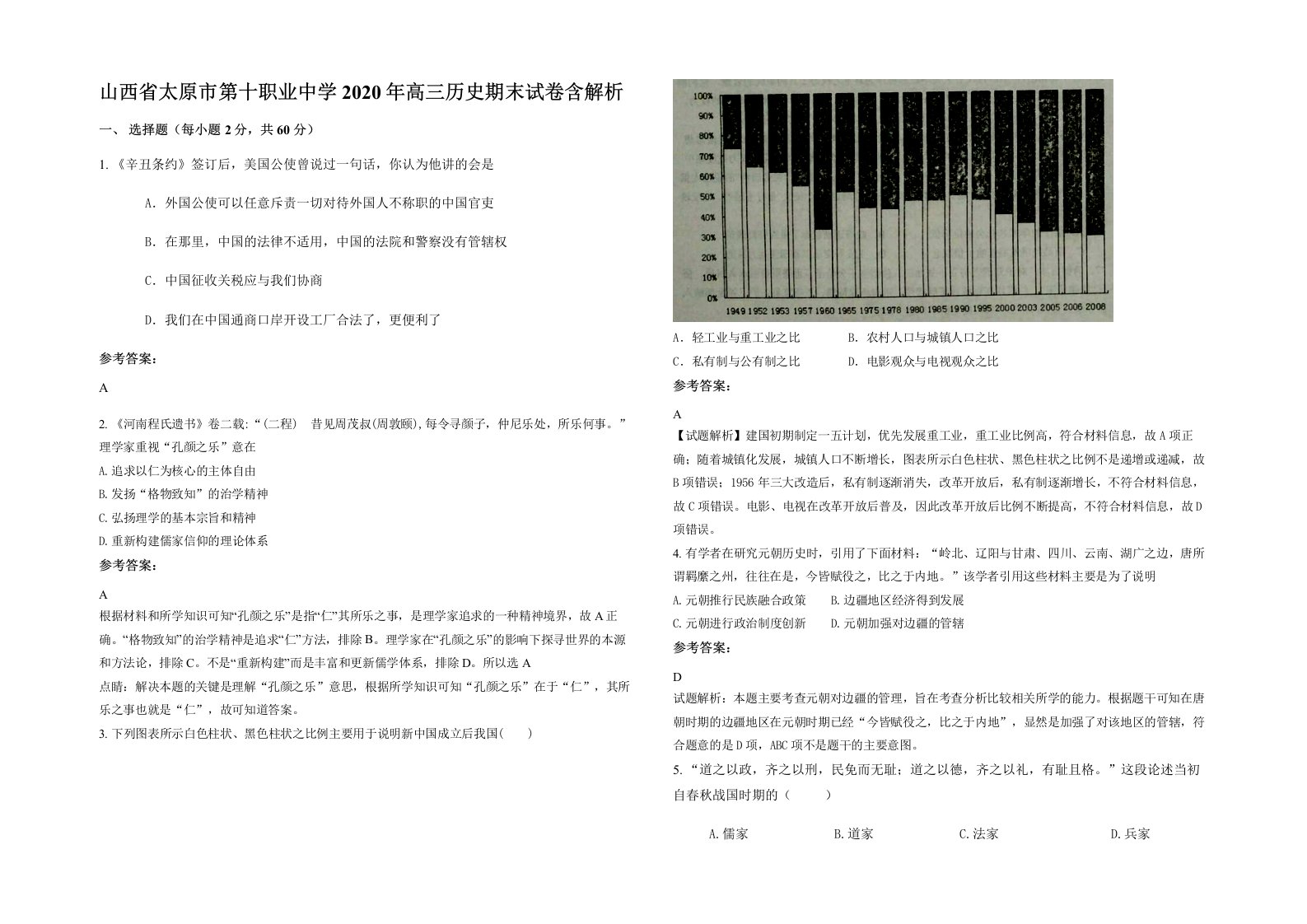 山西省太原市第十职业中学2020年高三历史期末试卷含解析