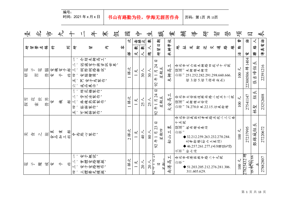 台北市九十二年寒假国中生职业辅导研习营项目表