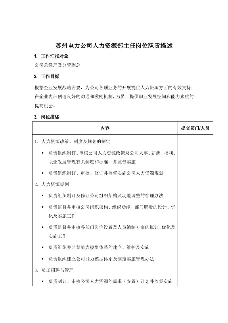 电力行业-苏州电力公司人力资源部主任岗位职责描述