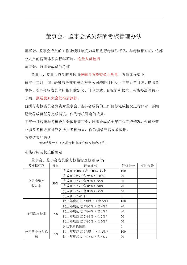 【管理精品】某餐饮企业董事会、监事会成员薪酬考核管理办法(DOC)