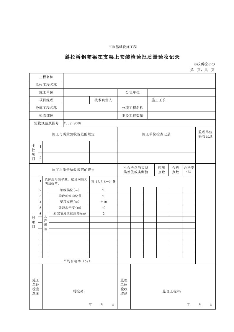 建筑工程-32063斜拉桥钢箱梁在支架上安装检验批质量验收记录