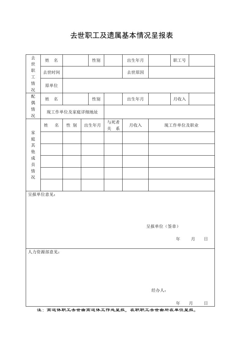 去世职工及遗属基本情况呈报表