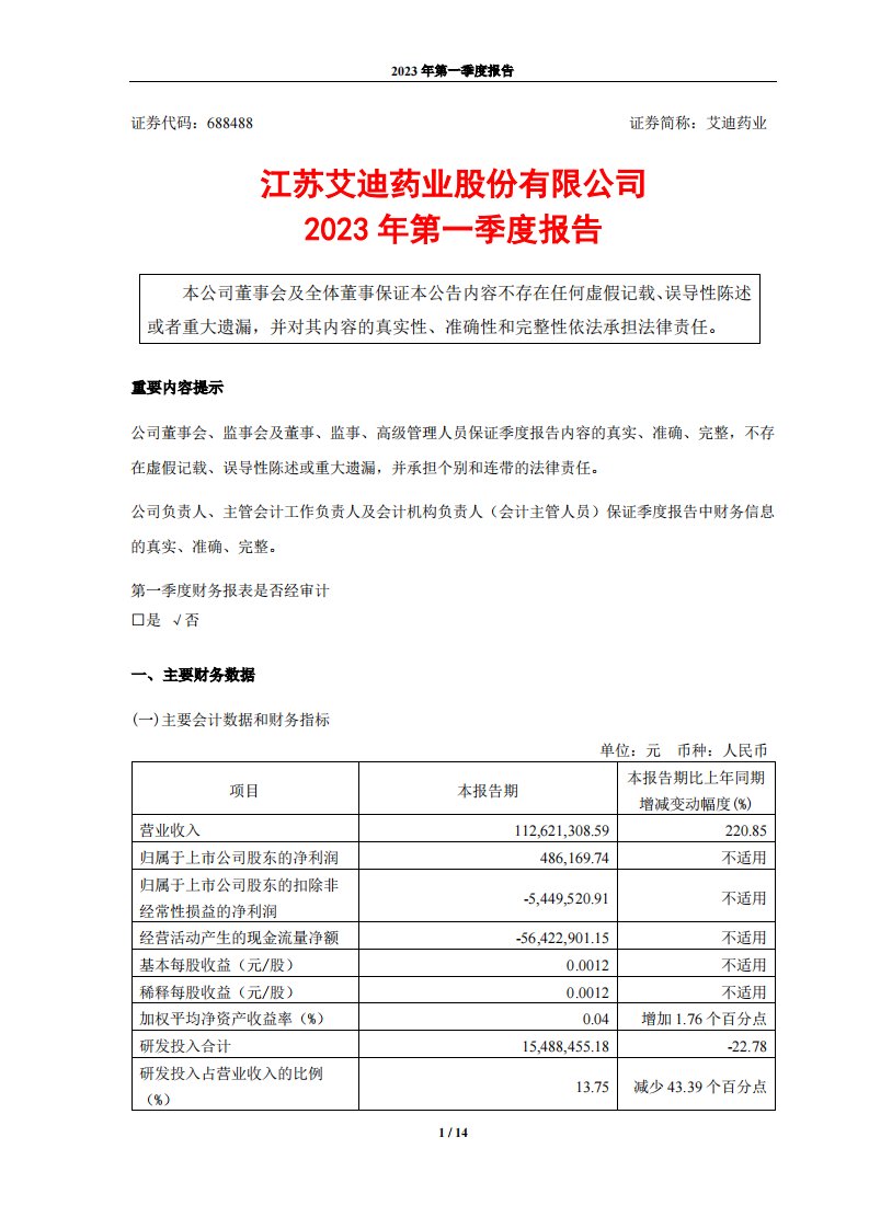 上交所-艾迪药业2023年第一季度报告-20230424