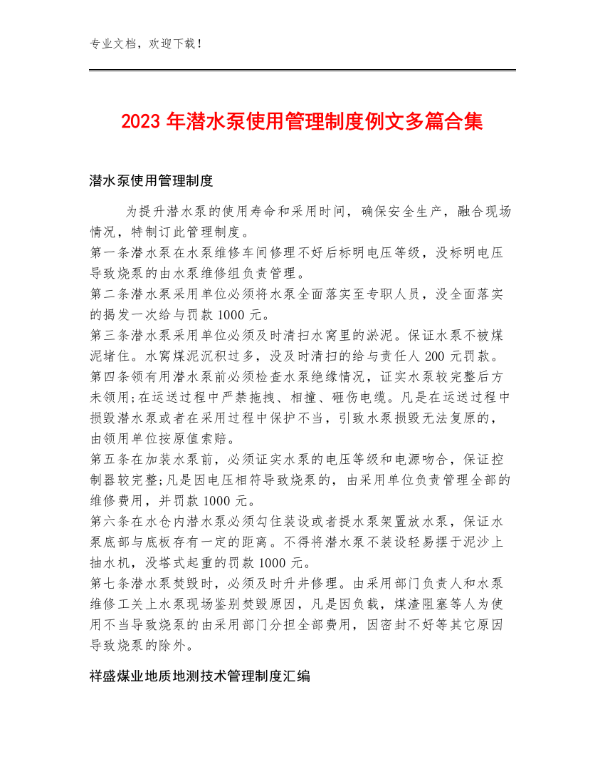 2023年潜水泵使用管理制度例文多篇合集