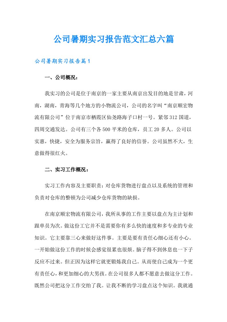 公司暑期实习报告范文汇总六篇