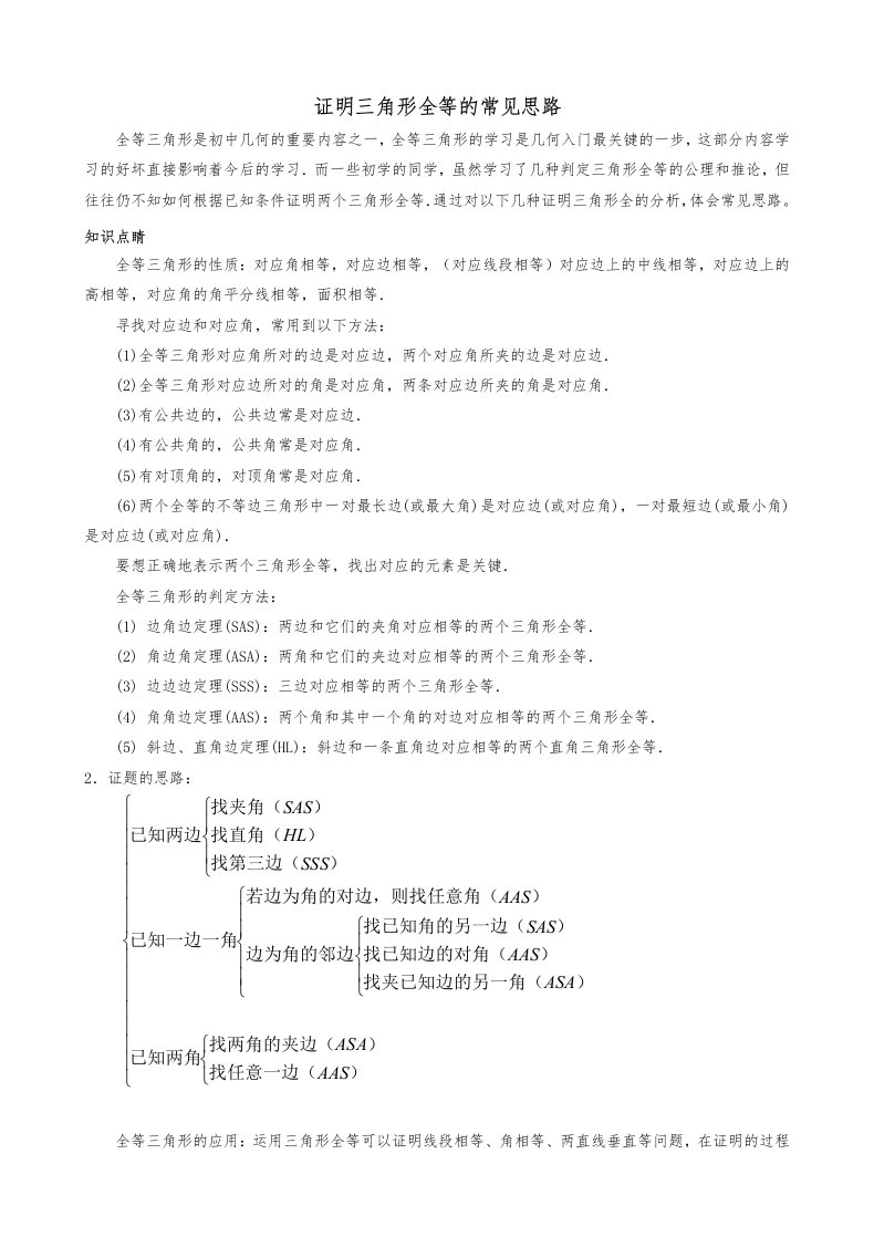 初中二年级数学第一单元全等三角形证明基本思路