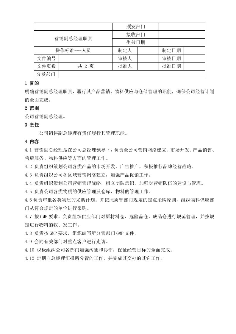 制药厂GMP营销副总经理职责