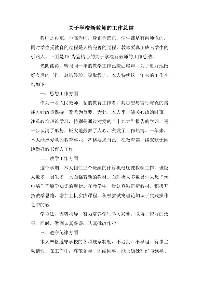 关于学校新教师的工作总结