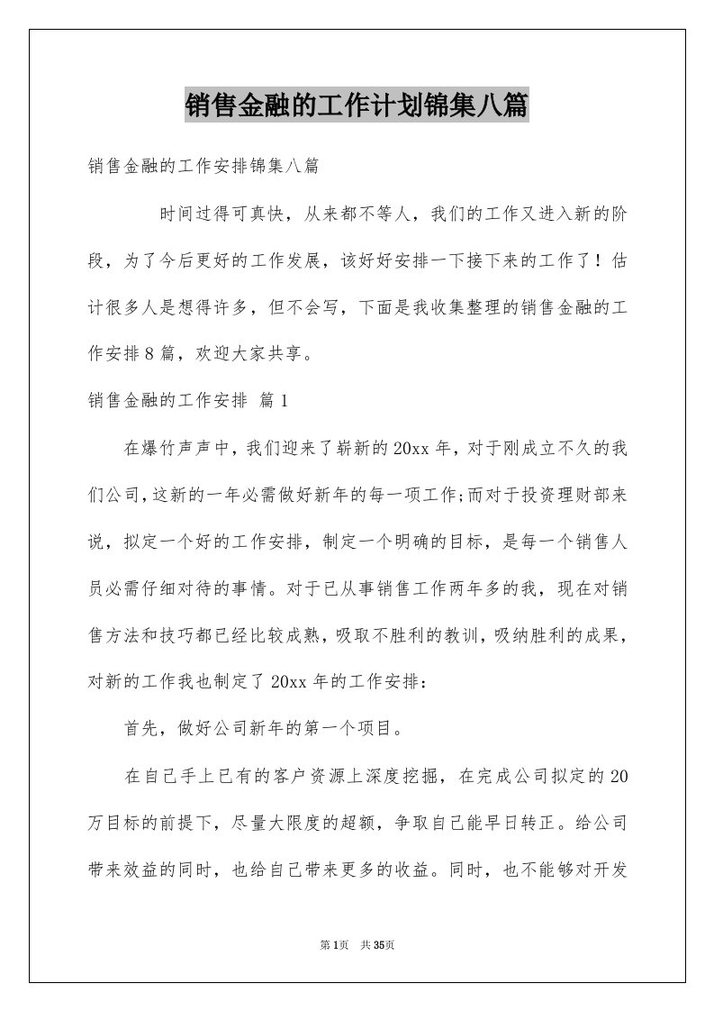 销售金融的工作计划锦集八篇