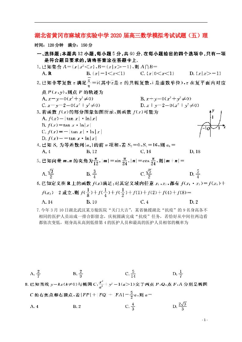 湖北省黄冈市麻城市实验中学2020届高三数学模拟考试试题五理