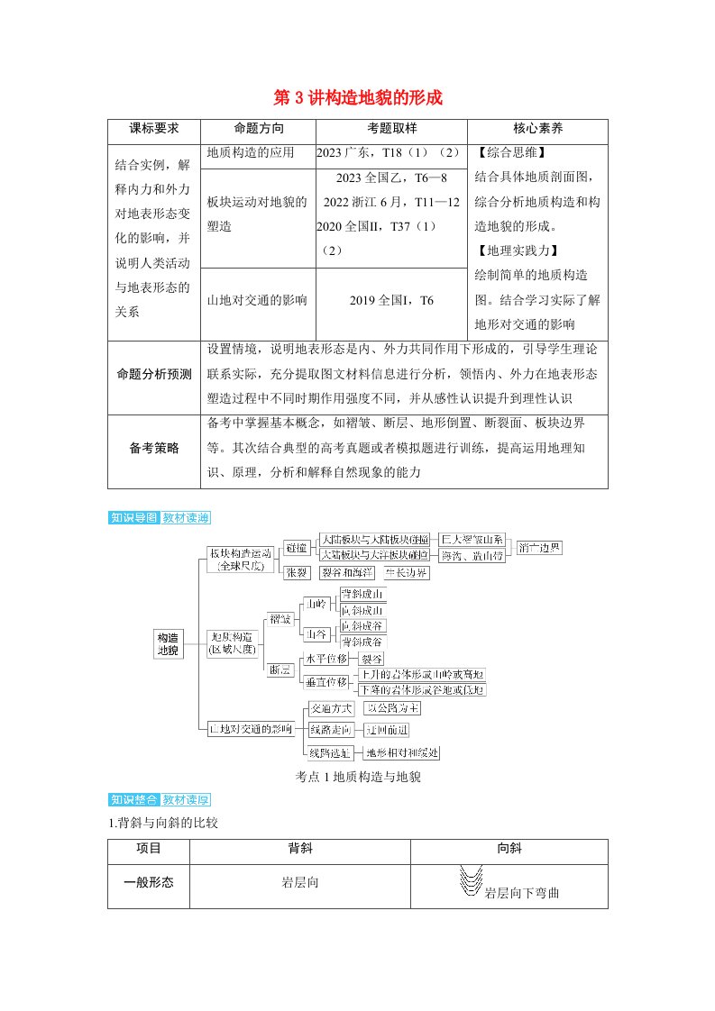 备考2024届高考地理一轮复习讲义第一部分自然地理第五章地表形态的塑造第3讲构造地貌的形成考点1地质构造与地貌