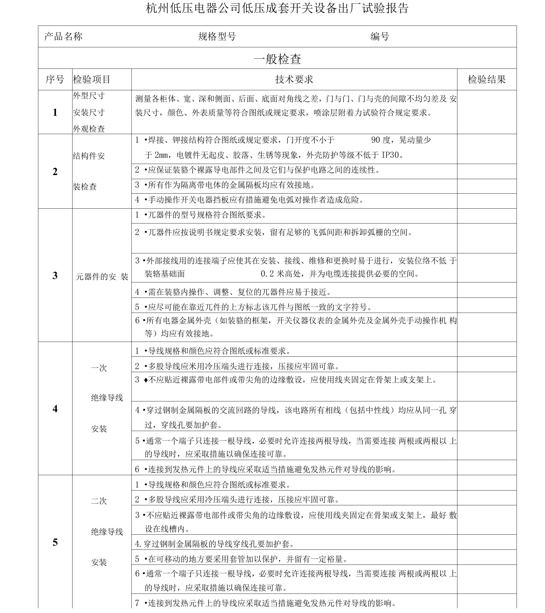 杭州低压电器厂低压配电柜产品出厂试验报告