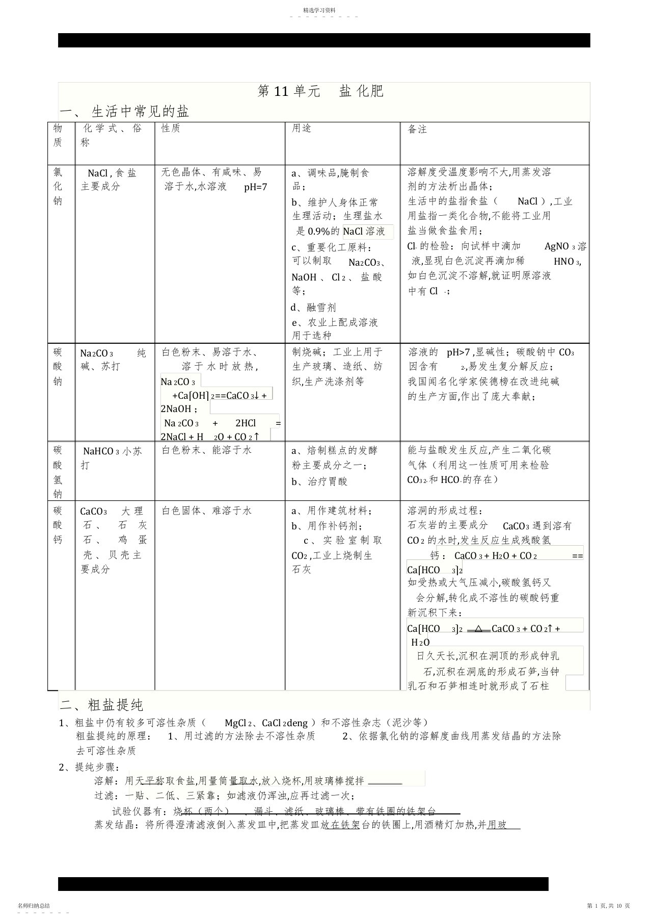 2022年初三化学盐和化肥知识点及习题