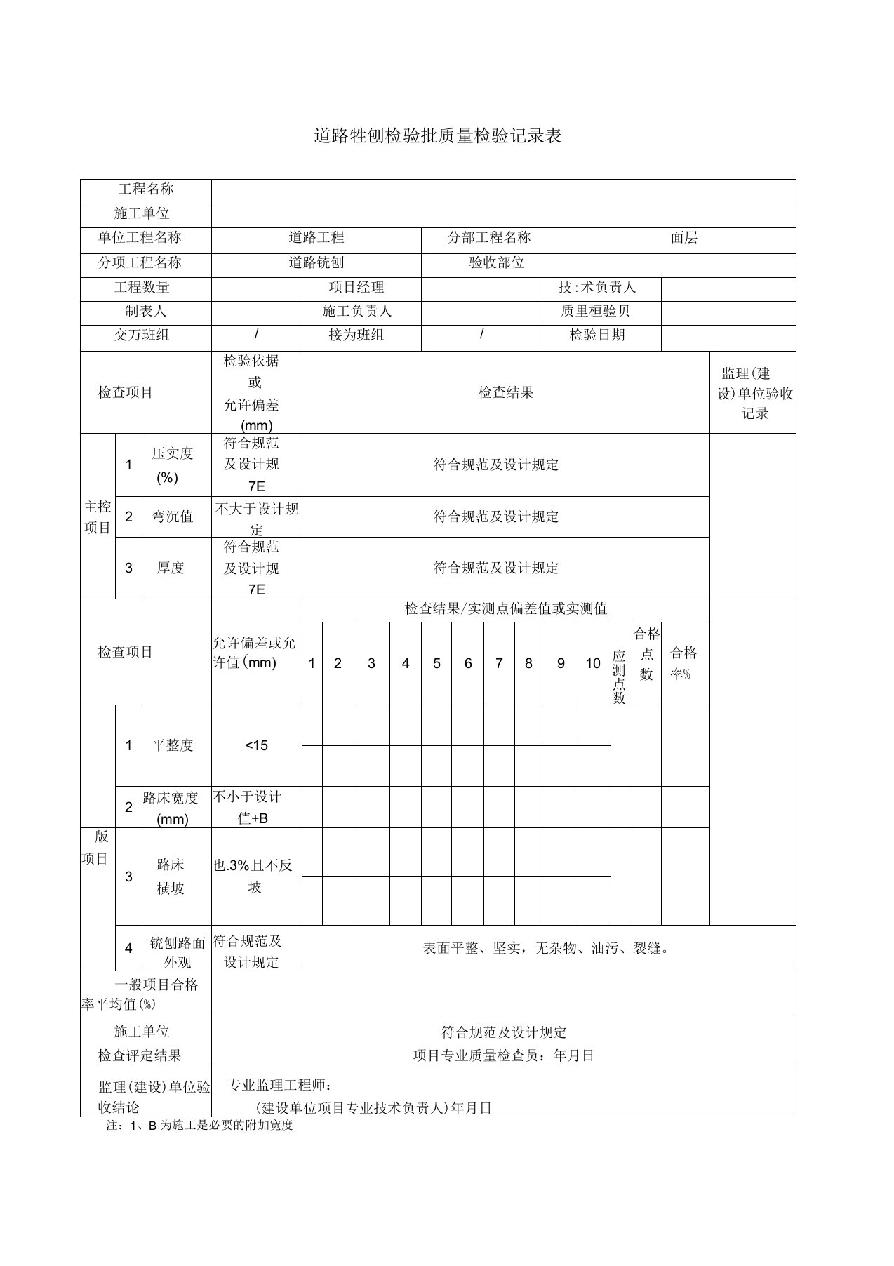 道路铣刨检验批质量检验记录表