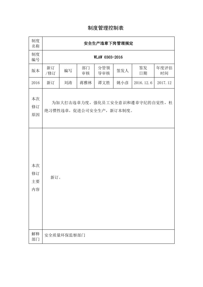 安全生产违章下岗管理规定