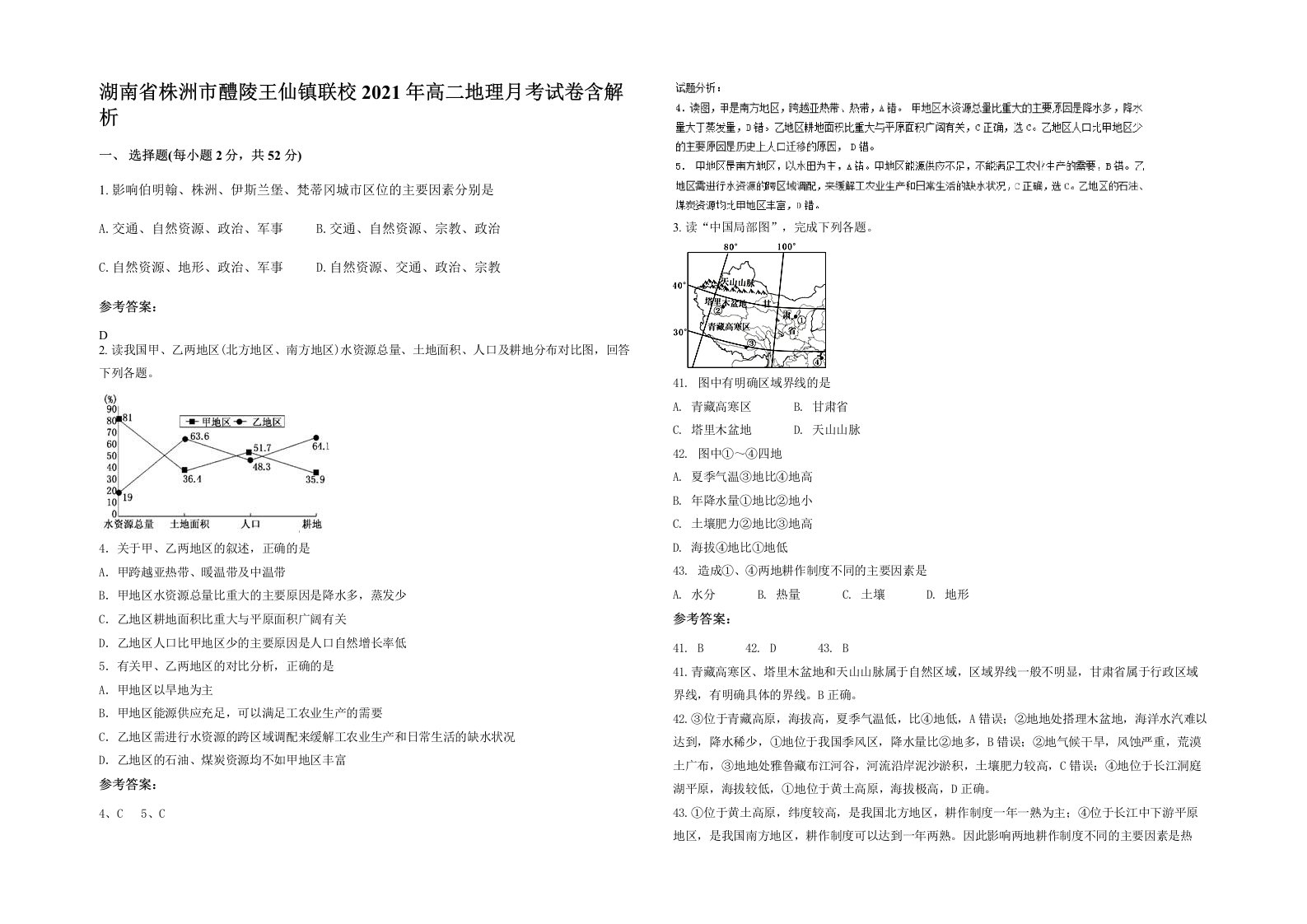 湖南省株洲市醴陵王仙镇联校2021年高二地理月考试卷含解析