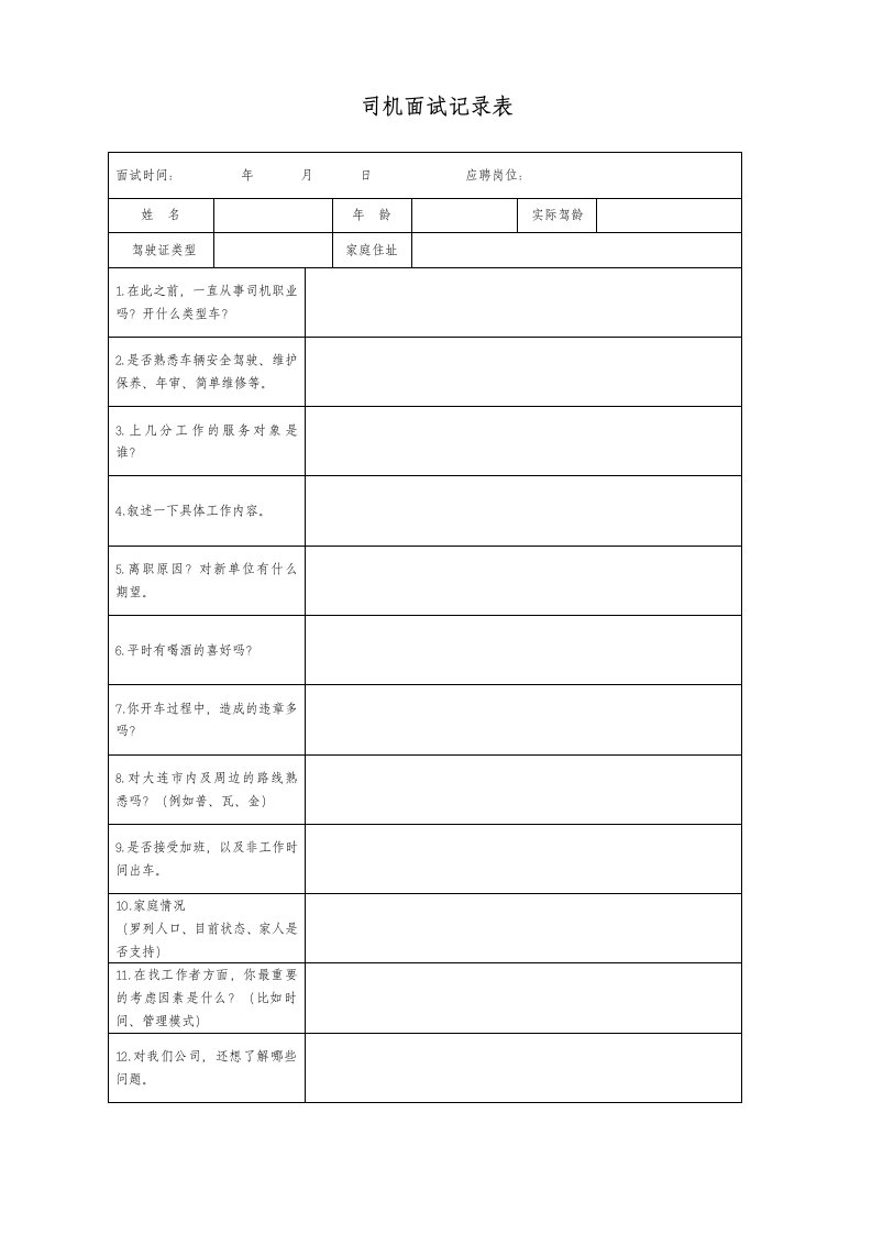 司机面试记录表