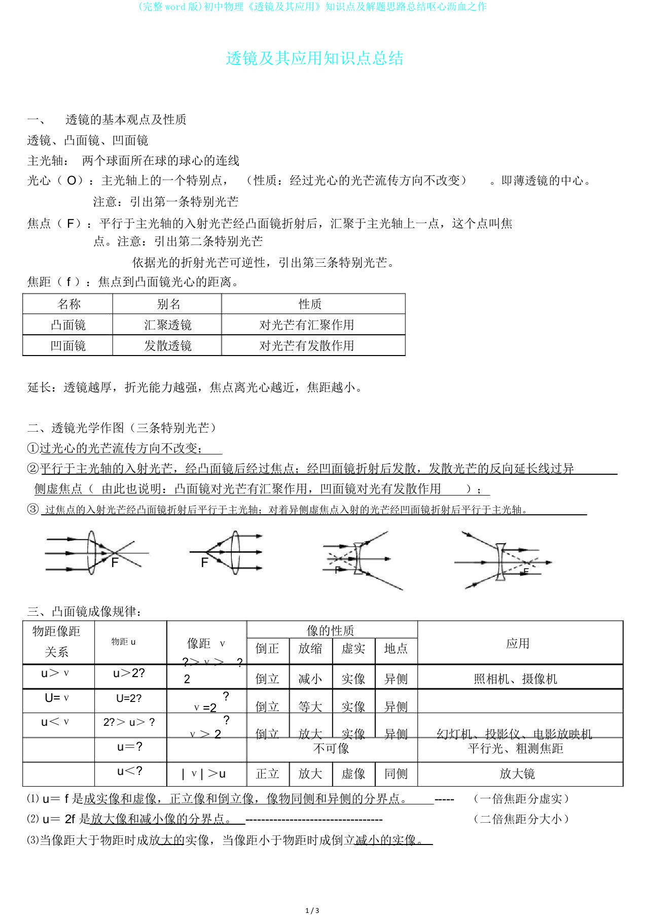 完整word版初中物理《透镜及其应用》知识点及解题思路总结呕心沥血之作