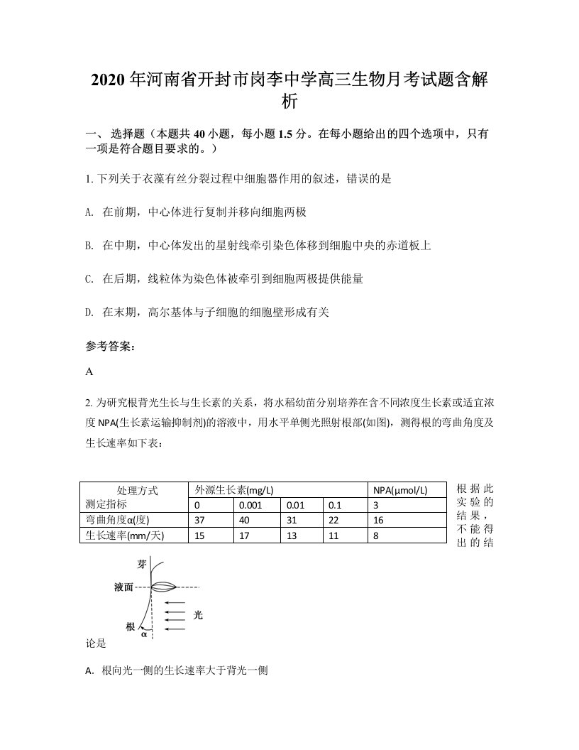 2020年河南省开封市岗李中学高三生物月考试题含解析