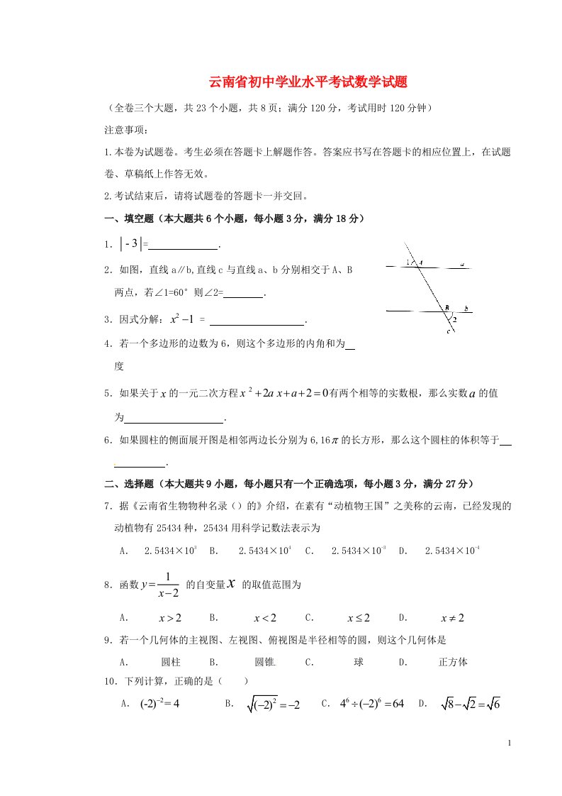 云南省中考数学真题试题（含答案）