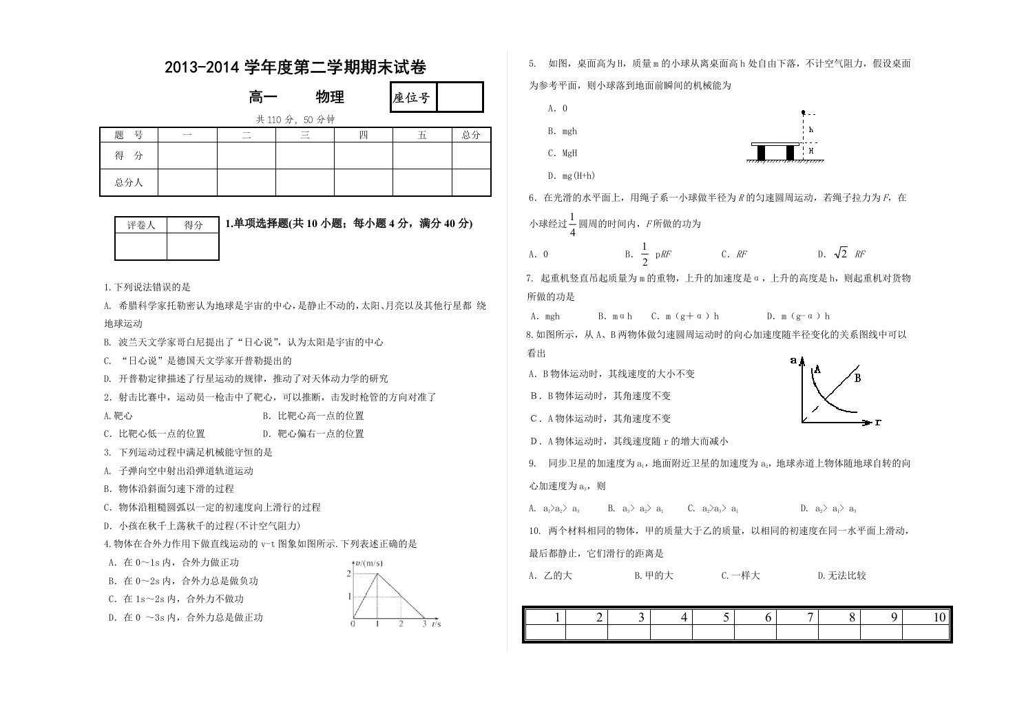 高一物理第二学期期末试卷(附答案)