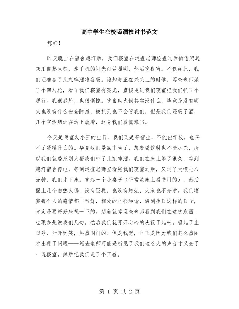 高中学生在校喝酒检讨书范文