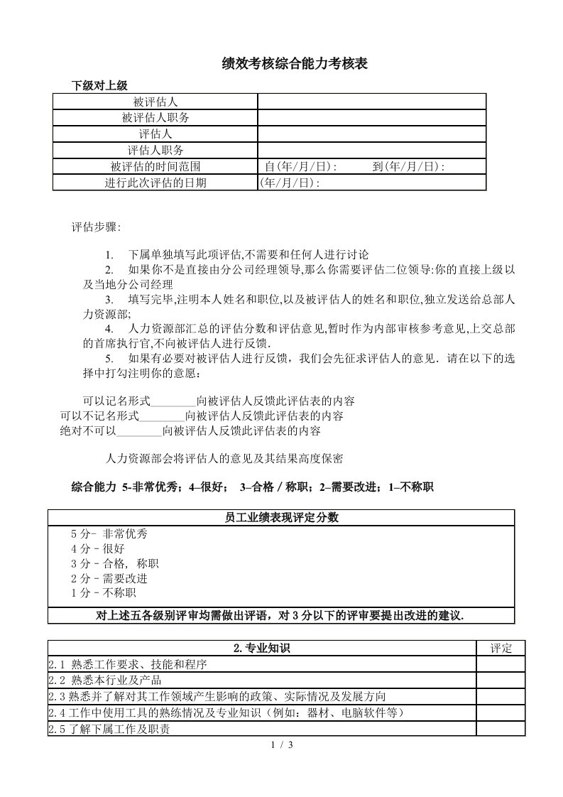 绩效考核综合能力考核表