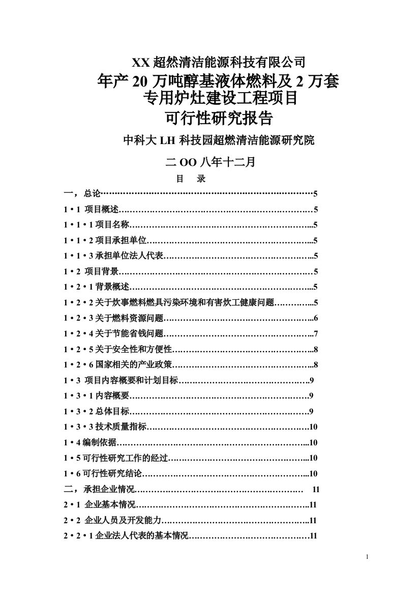 年产20万吨醇基液体燃料及2万套专用炉灶建设工程项目建设可行性研究报告