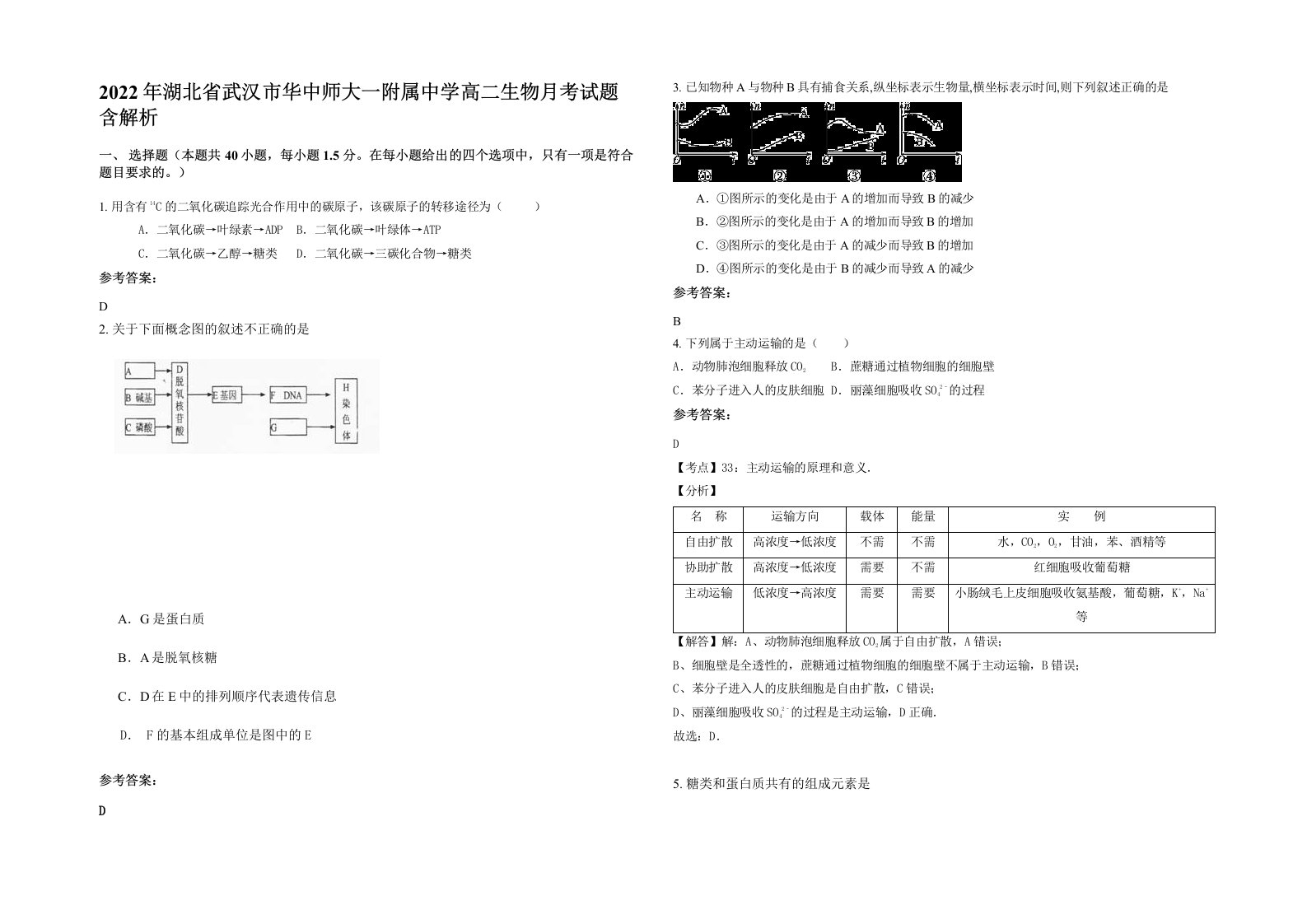 2022年湖北省武汉市华中师大一附属中学高二生物月考试题含解析