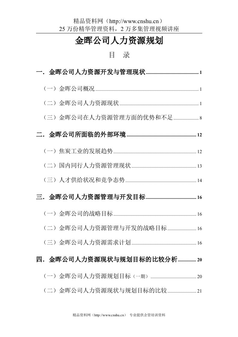 某着名咨询公司-金晖-人力资源规划咨询报告