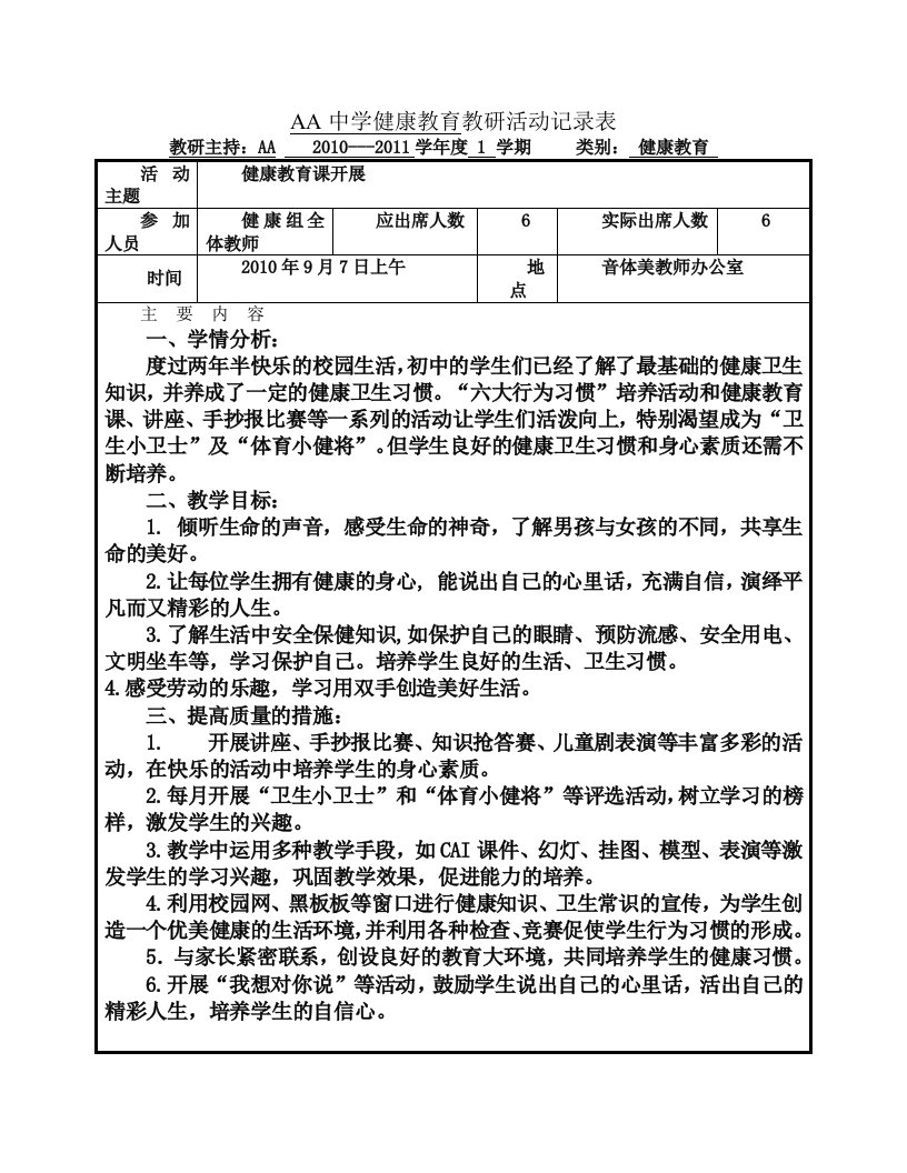 中学健康教育教研活动记录表