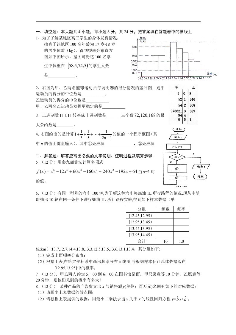 高一下学期期中测试试题_必修3【人教A版】